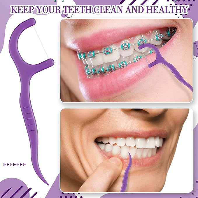 Baderke 200 Count Floss Picks Bulk Non Breakable Tooth Picks Flosser Dental Floss Sticks for Adults Teeth Cleaning Dental Flossers for Family Pack Travel (Dark Purple)