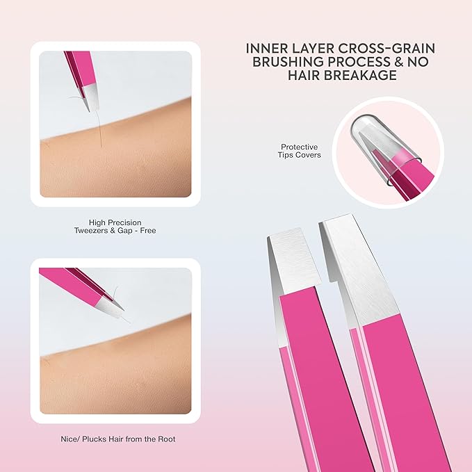 MARKHOR® Pink Aura Eyebrow Tweezers for Women Facial Hair, Splinter and Ingrown Hair Removal Tweezers Set, Professional Pointed and Slant Tweezers for Eyebrows, Precision Tweezers for Eyebrows