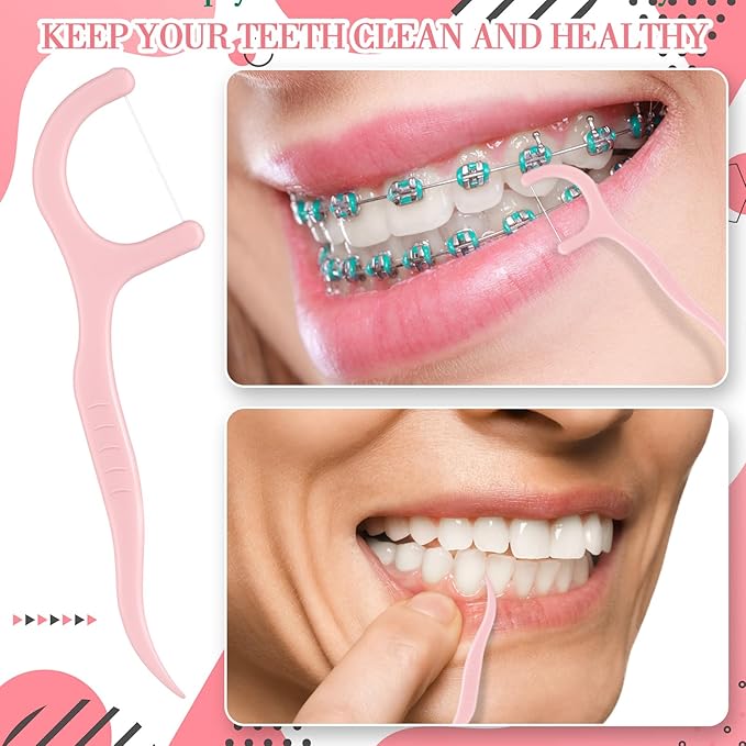 Baderke 200 Count Floss Picks Bulk Non Breakable Tooth Picks Flosser Dental Floss Sticks for Adults Teeth Cleaning Dental Flossers for Family Pack Travel (Light Pink)
