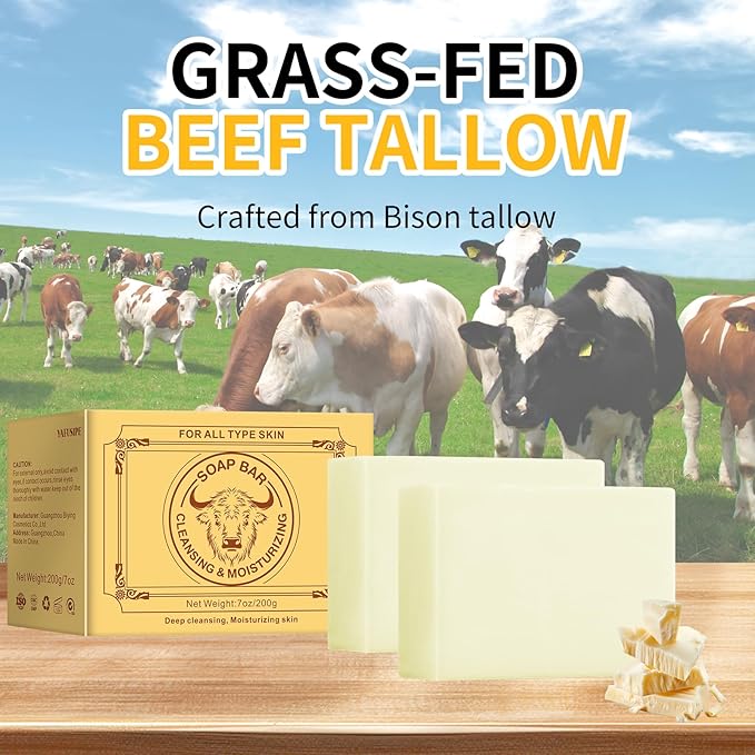 Beef Tallow Soap Bar, Natural Grass Fed Tallow Soap, Unscented Bar Soaps for Face Body Hand, Deep Cleansing Facial Cleanser Body Wash, Handcrafted Bathing Soaps for Women Men 2 Bars 7OZ