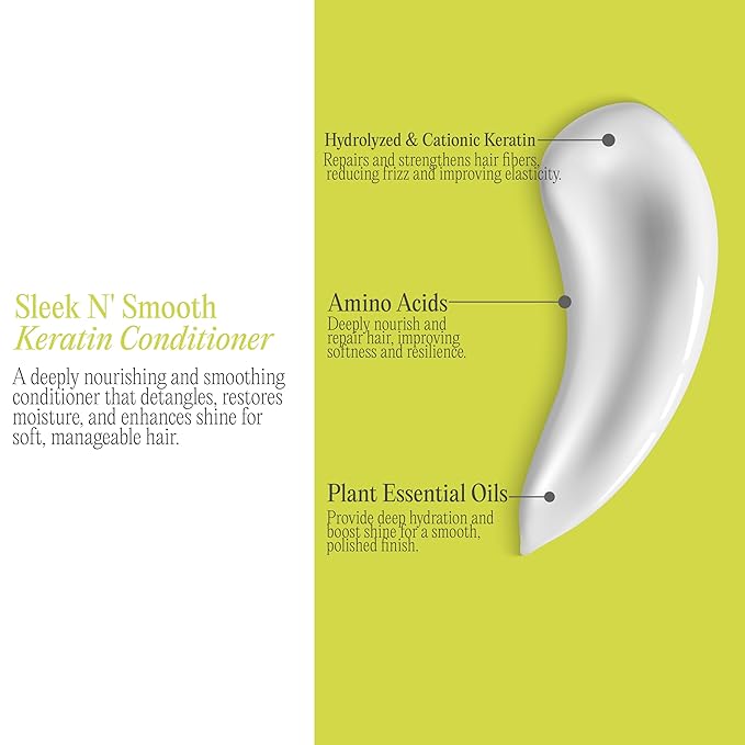 Sleek N' Smooth Keratin Hair Treatment Conditioner K-Pure, KeraCore Technology, Sulfate & Paraben Free, Anti Frizz Conditioner for Strengthening, Smoothing, & Shine, for Color Treated and Damaged Hair
