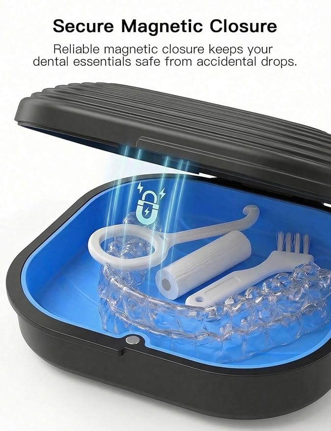 Retainer Case with Vent Holes, Aligner Case for Invisalign, Portable Aligner Kit, Removable Silicone Liner, Orthodontic Storage Box Secure Magnetic Closure for Travel - Black