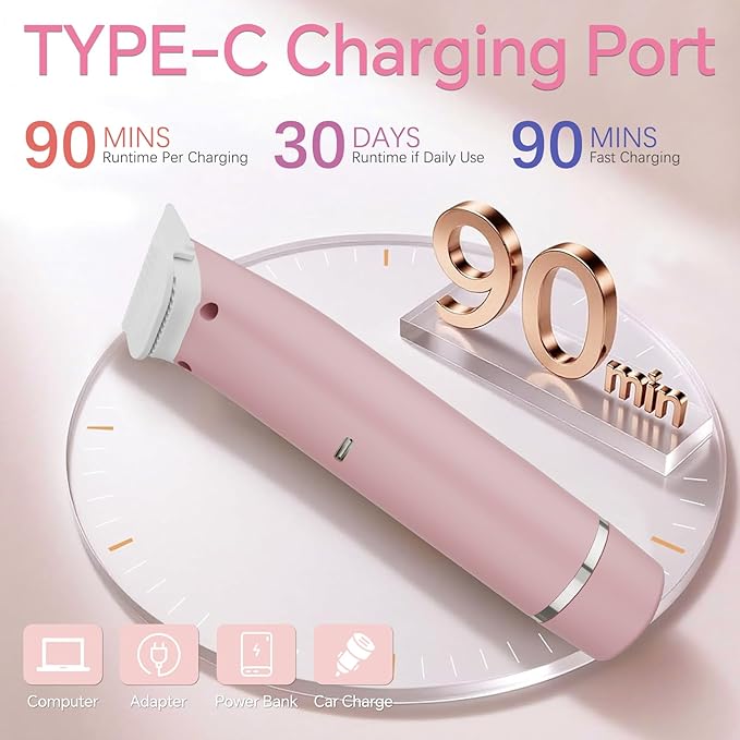 Bikini Trimmer for Women - 2 in 1 Dual Head Electric Razor, Painless Pubic & Body Hair Remover for Face, Legs, Underarms, IPX6 Waterproof, Cordless Rechargeable for Travel, Gift for Her (Pink)