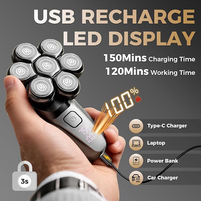 Ufree 7D Rotating Head Shaver for Bald Men, Magnetic Detachable Blades, IPX7 Waterproof Electric Razor, Head Face Beard Trimmer Grooming Kit with USB Fast Charge, Smart LED Display, Mens Gifts