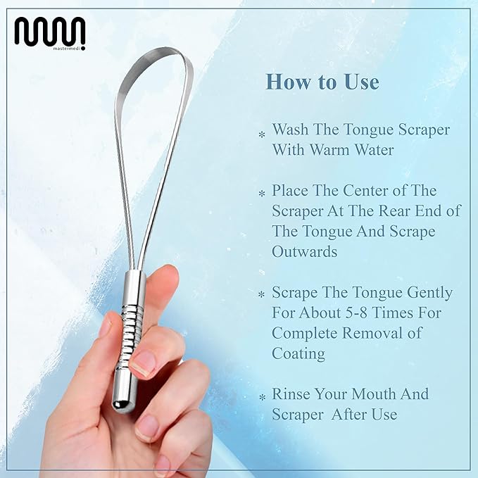 MasterMedi Tongue Scraper for Adults, 100% Stainless Steel Tongue Scrubber for Bad Breath, Easy to Use, Tongue Cleaner for Oral Care & Hygiene (SS Uni|Pack of 2)