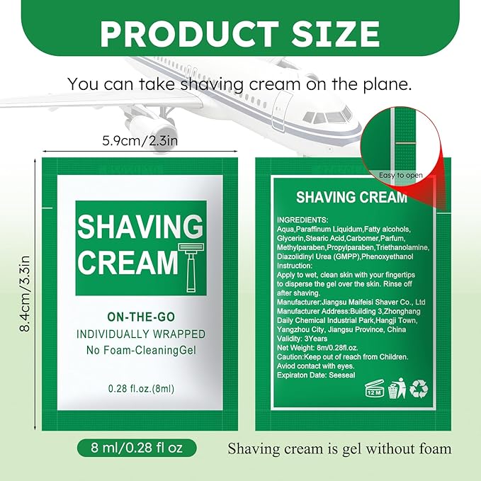 Travel Size Shaving Cream Bulk-Pack of 50,Individually Wrapped 8 ml/0.28 fl oz Mini Disposable Shaving Cream in Bulk for Hotel,Homeless,Shelter,Charity