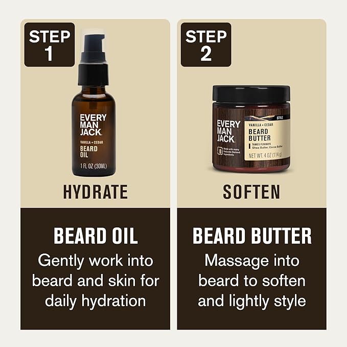 Every Man Jack Beard Oil & Scruff Softening Butter Bundle - Vanilla + Cedar Scent - Rejuvenates, Hydrates & Styles Dry Beards - Naturally Derived with Cocoa Butter and Shea Butter