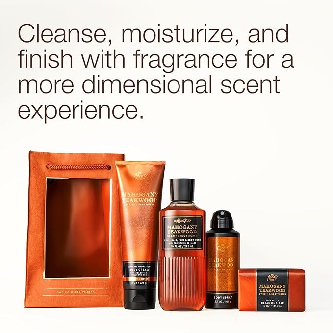 Bath & Body Works Men's Gift Set, Mahogany Teakwood Scent – with Body Wash, Bar Soap, Moisturizing Cream, Body Spray, Men’s Grooming Collection for Gifting or Everyday Use - 1 Pack
