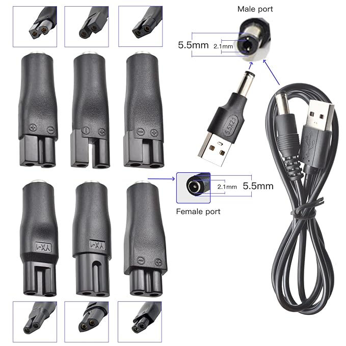 8 PCS Power Cord 5V Replacement Charger USB Adapter Suitable for Hair Clippers, Beard Trimmers, Shavers, Beauty Instruments, Desk Lamps, Purifiers.