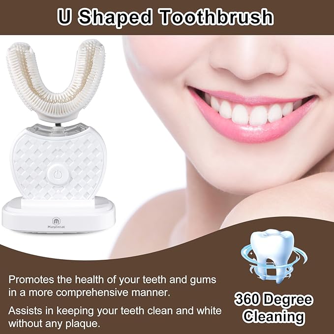 U-Shaped Ultrasonic Toothbrush for Teeth Whitening, Automatic Electric Toothbrush for Adults 360-degree Cleaning IPX7 Waterproof Kit for Travel or Home(White)
