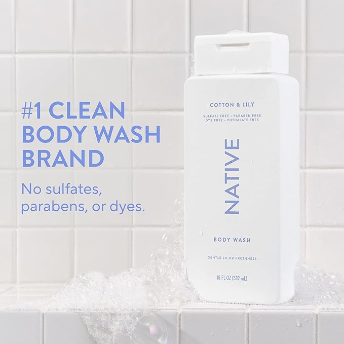 Native Body Wash Contains Naturally Derived Ingredients | For Women & Men, Sulfate, Paraben, & Dye Free Leaving Skin Soft and Hydrating | Cotton & Lily 18 oz