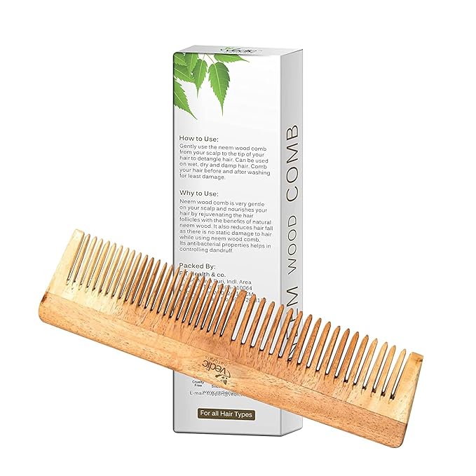 100% Pure & Natural Neem Wood Comb | Promotes Hair Growth, Reduces Hair Fall & Control Dandruff | Wide & Thin Teeth