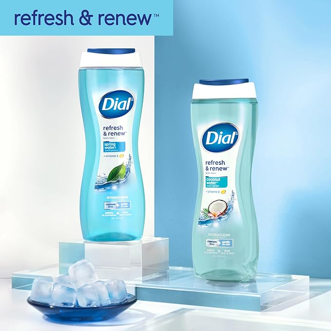 Dial Body Wash,Refresh & Renew Spring Water,16 Fl Oz,Hydraclean Complex & Vitamin E,Gentle,Leaves Skin Feeling Nourished,Dermatologist-Tested,No Parabens-& Sulfates,(Pack of 8)