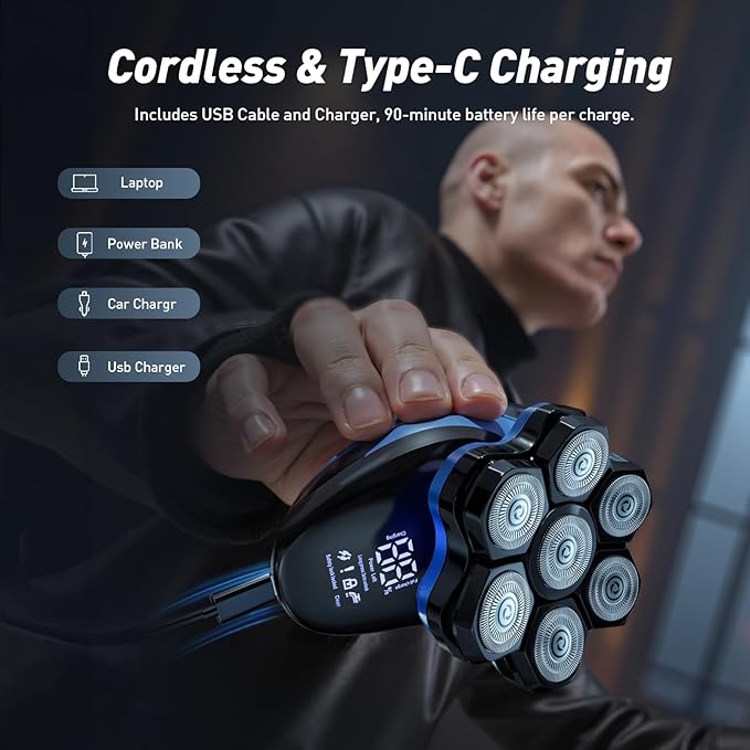Head Shavers for Bald Men: 7D Detachable Electric Razor - IPX6 Waterproof Wet Dry Rotary Shavers - LED Display Rechargeable Head Shaving with Fast Charging, Deep Blue