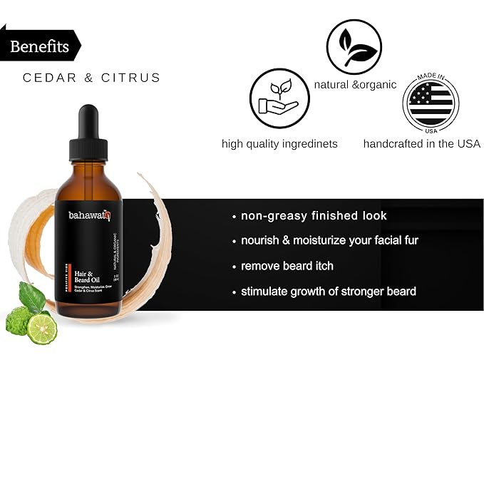 BAHAWAT Beard Oil -Premium Beard Oil Conditioner & Softener - Cedarwood & Citrus scent- Eliminates Beard Itch, Promote a Healthy, Full Beard, Natural Ingredients, 2 ounce.