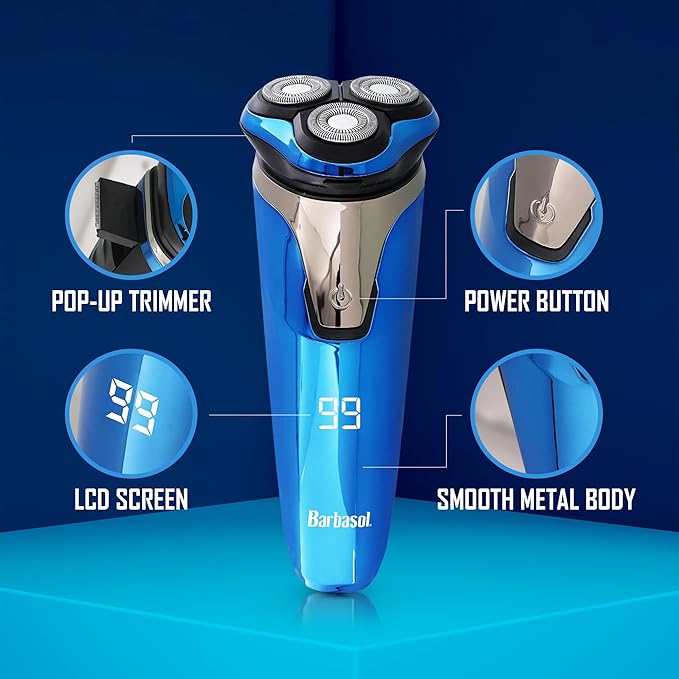 Rechargeable Electric Wet and Dry Rotary Shaver with Stainless Steel Blades, Pop Up Trimmer and LCD Screen
