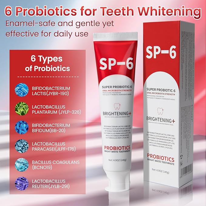 SP-6 Probiotic Whitening Toothpaste, SP-6 Probiotic Toothpaste, Enhanced Formula with 6 Probiotics for Teeth Whitening/Brightening, Enamel-Safe, Fluoride-Free, Fresh Mint Flavor, 4.9oz, 3Pack