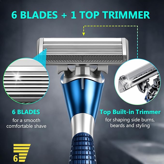6-Blade Manual Razor for Men with Lubricating Strip, 1 Ergonomic Non-Slip Handle Includes 2pack Razor Blade Refill Cartridges, with Hanging Hook & Cleaning Brush, Full Washable Design