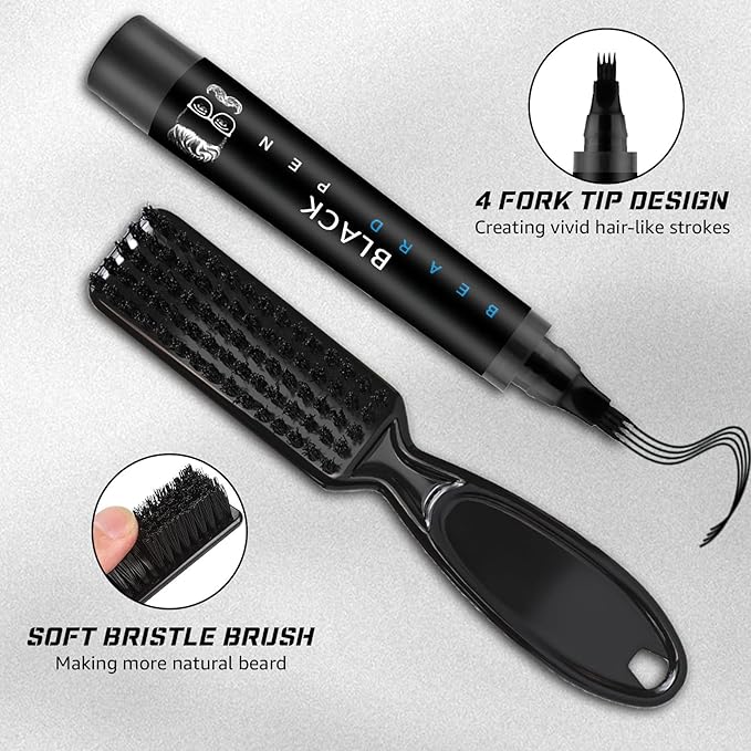 Beard Pencil Filler for Men Black - Beard Pen with Beard Brush, Barber Pencil Long-Lasting & Waterproof Mens Grooming Kits Create Natural Beard Color Gifts for Men, Mens Gifts Ideas (Deep Black)