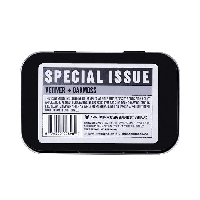 Duke Cannon Supply Co. Solid Cologne for Men Special Issue Vetiver and Oakmoss (Fresh Air, Sandalwood) - Concentrated Balm, Travel-Friendly Tin, 1.5 oz