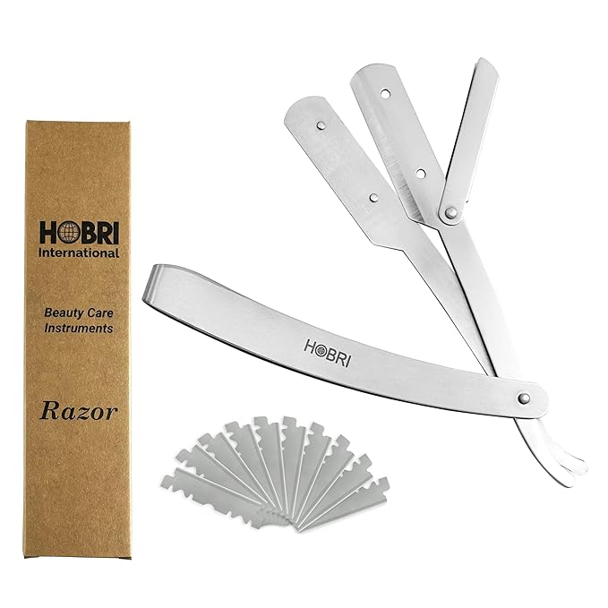 Premium Barber Straight Edge Razor with 10 Blades Men's Manual Shaver Modern Silver Stainless Steel Unisex Adult