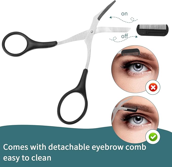 KALIONE Professional Eyebrow Trimmer Scissors with Comb, Stainless Steel, Black, Ambidextrous, Straight Edge, 2 Count, Perfect for Men & Women