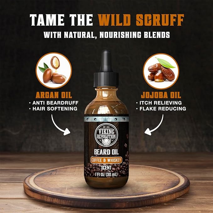 Viking Revolution Coffee Whiskey Beard Oil for Men -Natural Mens Beard Oil with Argan Oil and Jojoba Oil -Beard Softener,Strengthens and Moisturizes- Beard Conditioner for Men(Coffee Whiskey, 1 Pack)