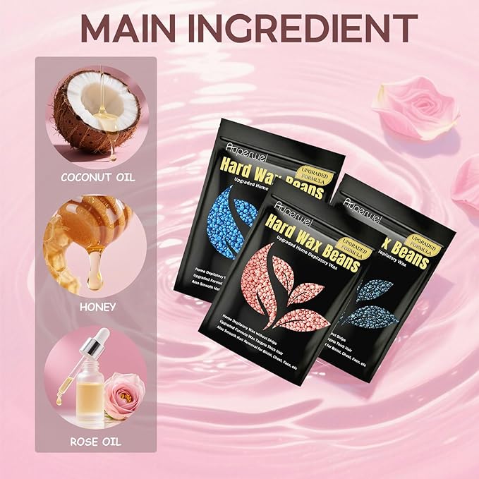 Wax Beads, 1.76lb / 800g Hard Wax Beads Coarse Hair Formula Hard Wax for Hair Removal and Senstive Skin, Wax Beads for Face, Brazilian Bikini,Body Waxing (3Rose&3Jasmine&2Chamomile)