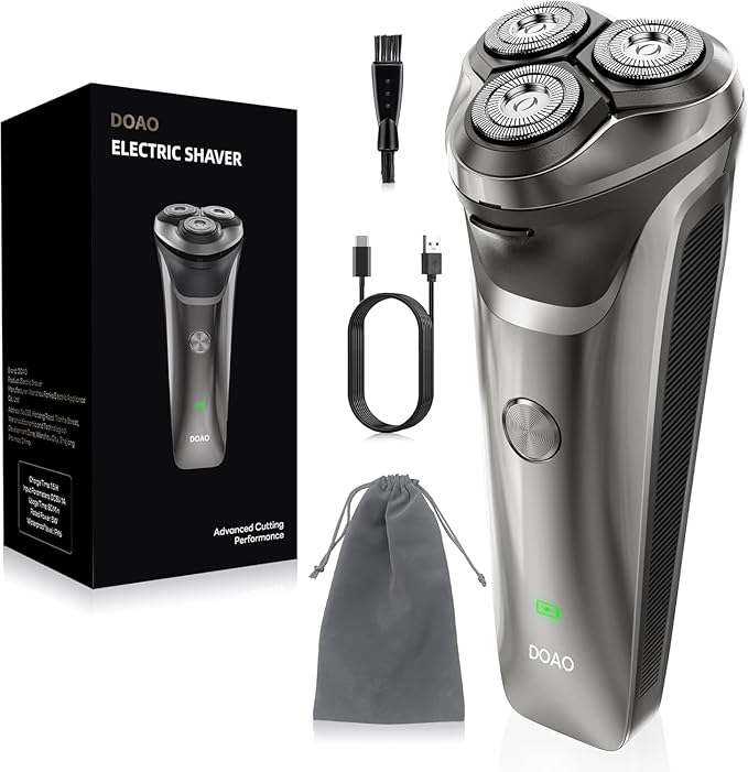 DOAO Electric Razor for Men, 100% Waterproof, Gentle on Sensitive Skin, Wet & Dry Rotary Electric Shavers for Men, Pop-up Beard Trimmer, 120 Min Shaving, 1.5H Fast Charge, Ergonomic Men's Shaver