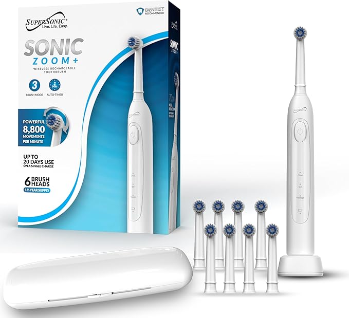 Supersonic TB-1000 Sonic Zoom+ Advanced Rotating Electric Toothbrush | 8,800 OPM | Wireless Charging | 3 Cleaning Modes | 6 Brush Heads | Auto Timer | Travel Case | Black (White)