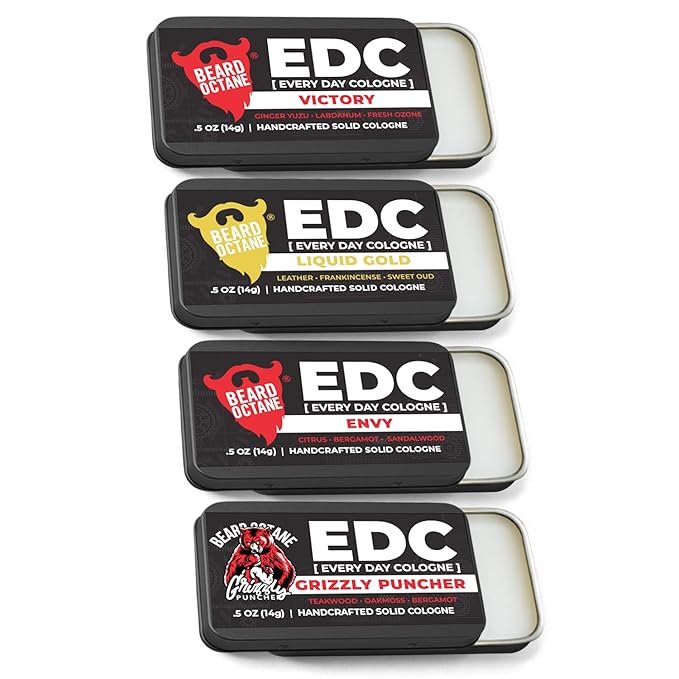 Beard Octane: 4 Pack Men's Solid Colognes - Concentrated, Travel Friendly Colognes in Assorted Scents EDC - Oud, Teakwood, Bergamot & Fresh Air - Made In USA