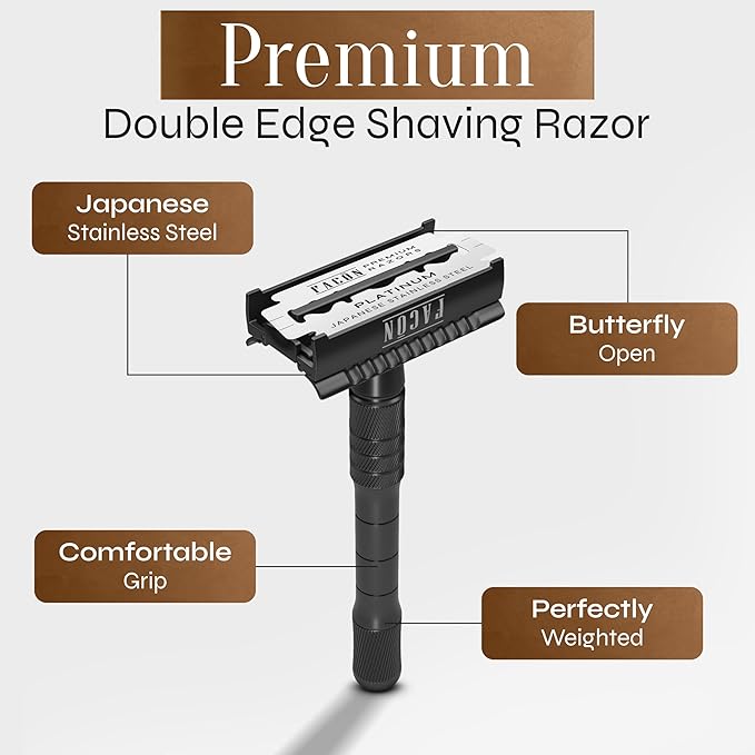 Facón Double Edge Safety Razor for Men & Women - Butterfly Open Stainless Steel Razor w/ 50 Platinum Double Edge Safety Razor Blades, Single Blade Razor for Smooth Close Shave, Reusable & Eco-Friendly