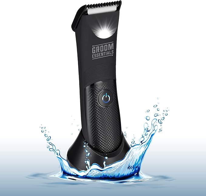Groom Essentials Rechargeable Hair Trimmer, Body-Hair Shaver with Ceramic Blades, Adjustable 3-Setting Trimming Guide, 90-Minute Battery, Includes Trimmer Stand, Cleaning Brush, and USB Charging Cable