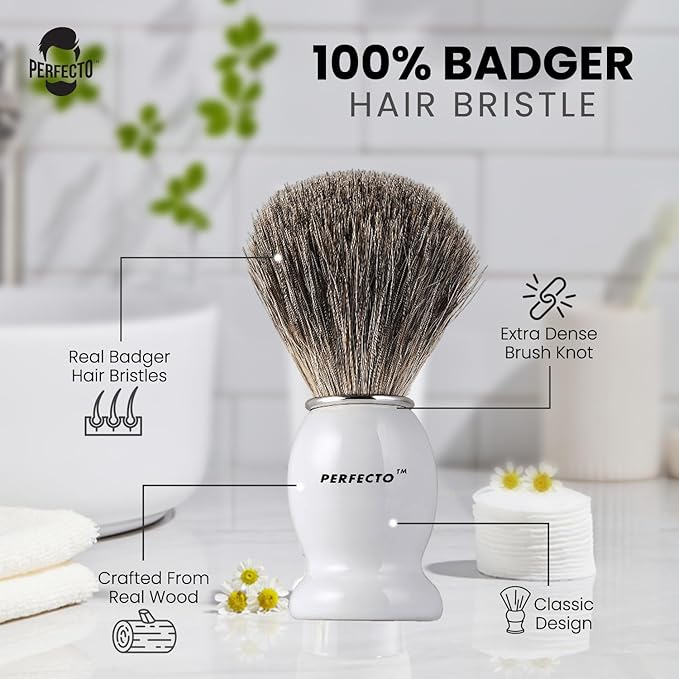 Perfecto 100% Pure Badger Shaving Brush-White Handle, Gift for Dad, Engineered for the Best Shave of Your Life. For Fathers Day Gift, Safety Razor, Double Edge Razor, Straight Razor, Shaving Razor