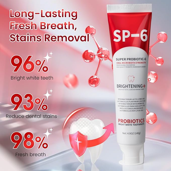 SP-6 Probiotic Whitening Toothpaste, SP-6 Probiotic Toothpaste, Enhanced Formula with 6 Probiotics for Teeth Whitening/Brightening, Enamel-Safe, Fluoride-Free, Fresh Mint Flavor, 4.9oz, 3Pack