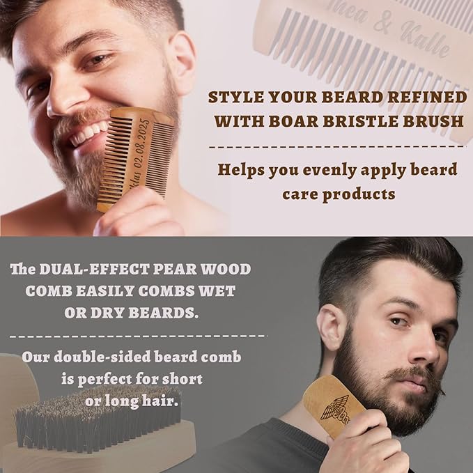 Personalized Beard Brush for Men & Beard Comb Set Natural Boar Bristle Brush and Dual Action Pear Wood Comb with Custom Name Text Icon Gift for Dad Groomsmen Boyfriend (beard comb and brush)
