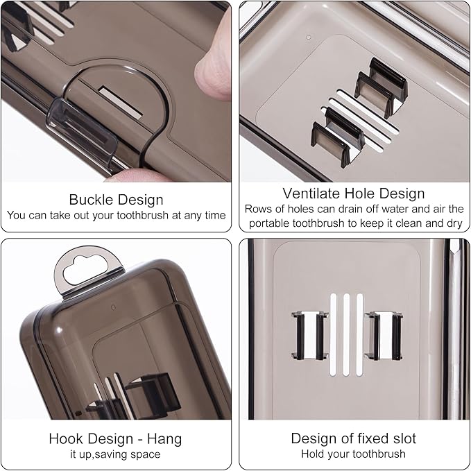 Yeeco Toothbrush Case 4 Packs, Transparent Black Toothbrush Travel Case, Plastic Toothbrush Holder Travel Size, 7.87 x 2.36x 1.18 inches Portable for Traveling Can Palce 2 Toothbrushes
