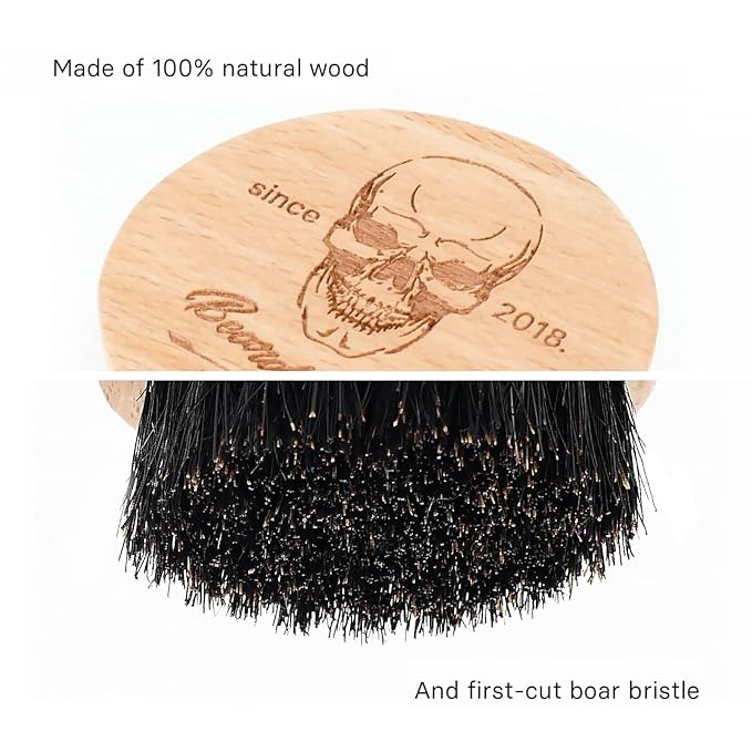 Small and Round Beard Brush, Pocket Travel Men's Wooden Boar Bristle Hair Beard Mustache Brush for Men (Skull)