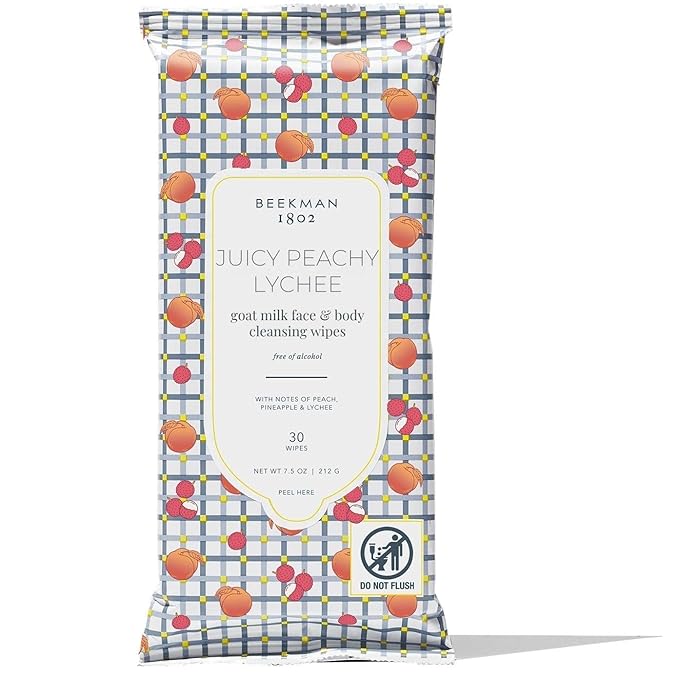 Beekman 1802 Face & Body Wipes, Juicy Peachy Lychee, 30 Count - Cleanses Dirt & Makeup - With Goat Milk, Aloe & Vitamin E - Alcohol Free, Biodegradable - Good for Sensitive Skin - Cruelty Free