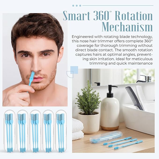 2-in-1 Nasal Hair Cutter Travel Double Sided Nose Hair Trimmer for Women Men Portable 360 Rotating Manual Nose Nasal Knife Soft Cleaning Brush with 5 Box Travel Package Blue (15 Pcs)