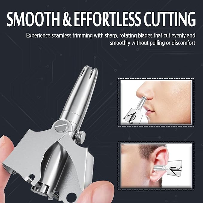 Stainless Steel Hair Trimmer for Men and Women | Manual Nose and Ear Hair Trimmer | Nose Clippers, 360° Rotating Hair Trimmers | Washable Nose Hair Remover | Silver