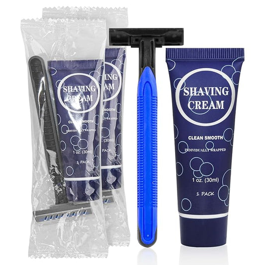 Shaving Razor Set, Disposable Individually Wrapped Manual Twin Blade Razors in Bulk Smooth Shaving Razors with Mini Shaving Cream Toiletries for Hotel Charity Camping Travel Homeless 1oz (Pack of 10)