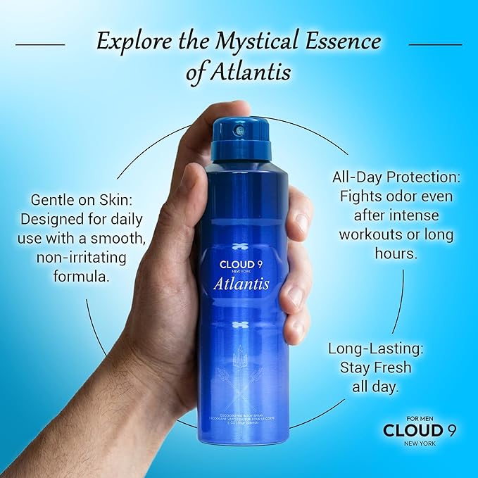 Cloud 9 Atlantis Deo Body Spray for Men 7.64 fl oz – Long Lasting Fresh & Bold Scent with Ginger, Bergamot & Juniper – Ideal For Work,Travel, Social Events,Gym & Outdoor Activities - All Day Freshness