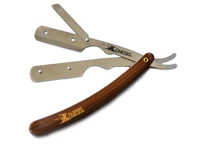 Stainless Steel Professional Barber Folding Straight Edge Razor Shavette Men's Shaving Kit with 200 Count Lord Single Edge Razor Blades (Brown)