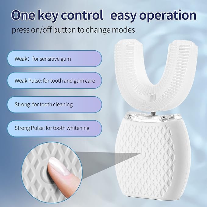 Ultrasonic Adult Electric Toothbrush，Sonic Toothbrush 360° Oral Cleaning Wireless Charging & LED Light|IPX7 Waterproof U-Shaped Brush Head Protects Gums