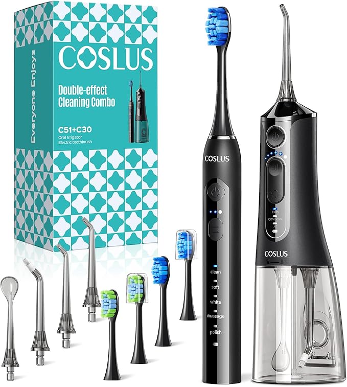COSLUS C51C30 Electric Toothbrush with Water Flosser Combo: Portable Oral Clean Kit for Teeth Brushing & Flossing, Multiple Modes for Multiple Users, Cordless for Home & Travel Use, Black