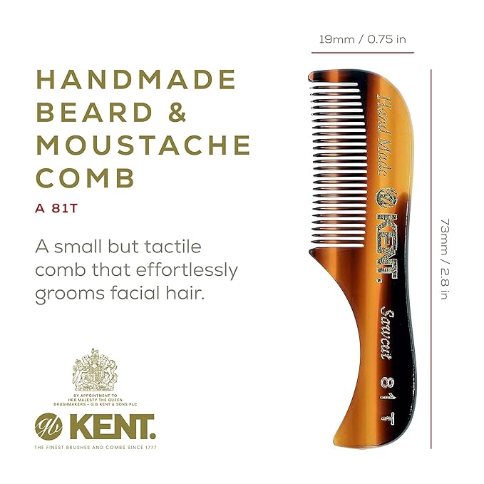 Kent A 81T X-Small Men's Beard and Mustache Comb, Fine Toothed for Facial Hair Grooming and Styling. Quality Cellulose Acetate, Saw-cut Polished. Made in England