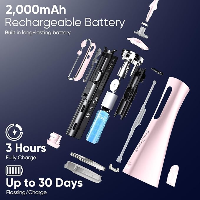 MySmile LP211 Cordless Water Flossers, Portable Rechargeable Oral Irrigator for Teeth Cleaning, 5 Cleaning Modes, IPX7 Waterproof, 8 Replacement Tips and a Storage Pouch (Juicy Pink)