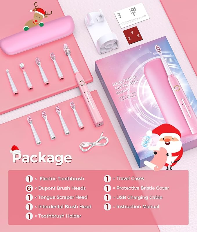 Sonic Electric Toothbrush for Adults, Power Electric Toothbrush with 8 Brush Heads, Travel Case, 40000 VPM Deep Clean 5 Modes, Rechargeable Toothbrushes Fast Charge 4 Hours Last 30 Days, Pink