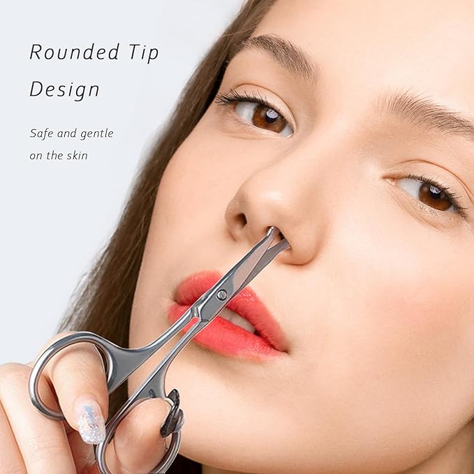 2 Pack Facial Hair Grooming Scissors for Men Women, Eyebrow, Nose Hair, Mustache, Beard, Eyelashes, Ear Trimming Kit - Curved and Rounded Safety Tip Clippers - Silver